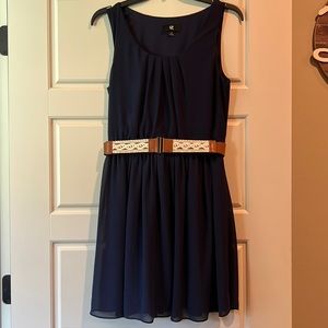 IZ Byer Navy Empire Waisted Dress with a Brown Belt - Size M